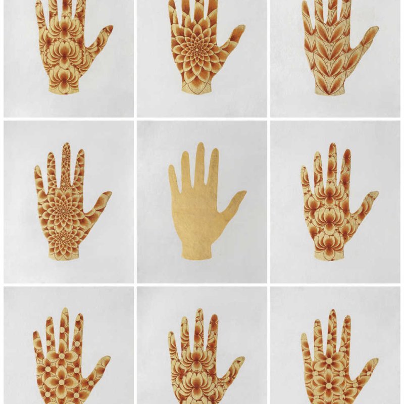GRACE, 2021 • 9 panels: each 10.5”x8.5” • Pigment, Arabic gum and gold leaf on handmade Sanganer paper